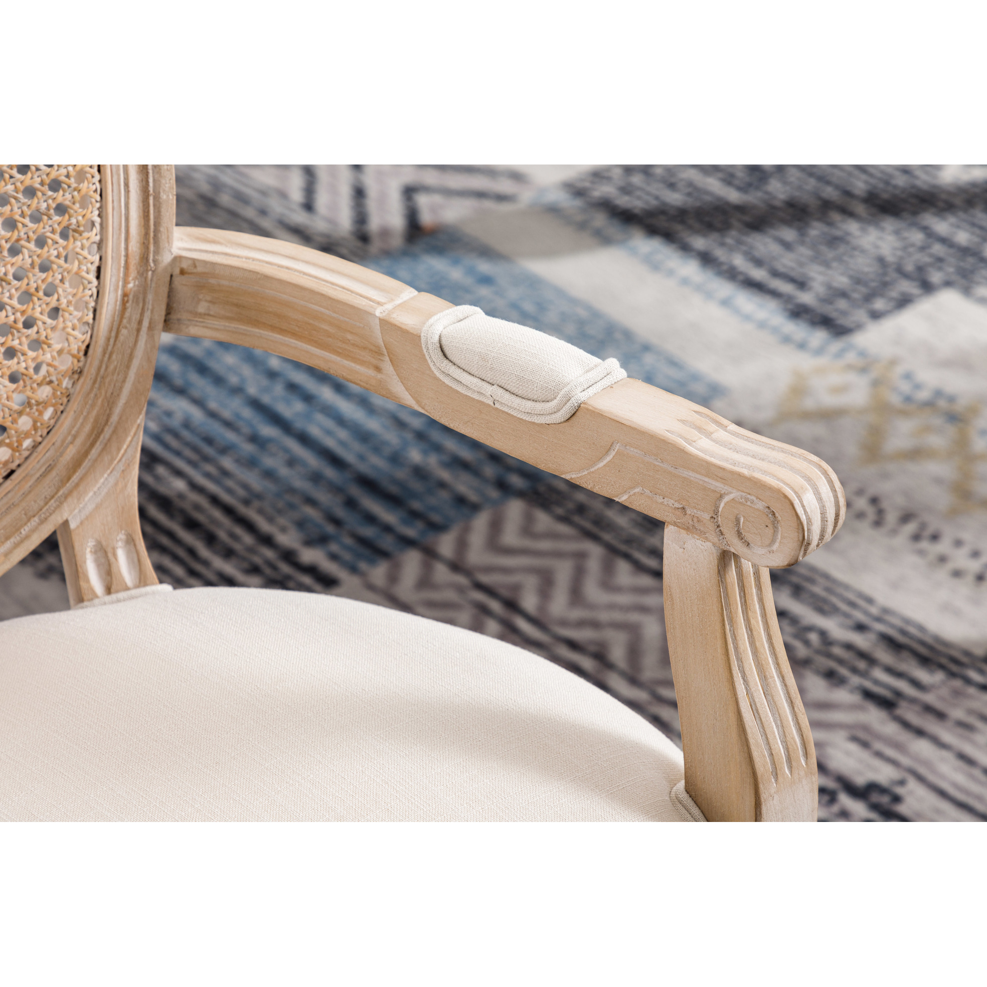2 Beige French Vintage Armchair . Upholstered Fabric With Breathable Back. 100% Durability. Foam Filled Comfort. Solid Rubberwood Frame. Country Style Weathered Touch Pair. And Ventilated