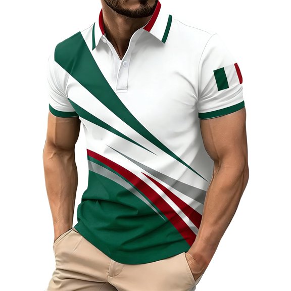 Mens Golf Polo Men's Short Sleeve Button Front Polo Shirt Italian Flag Print Lightweight Summer Golfwear Modern Fit Performance Top Breathable White L