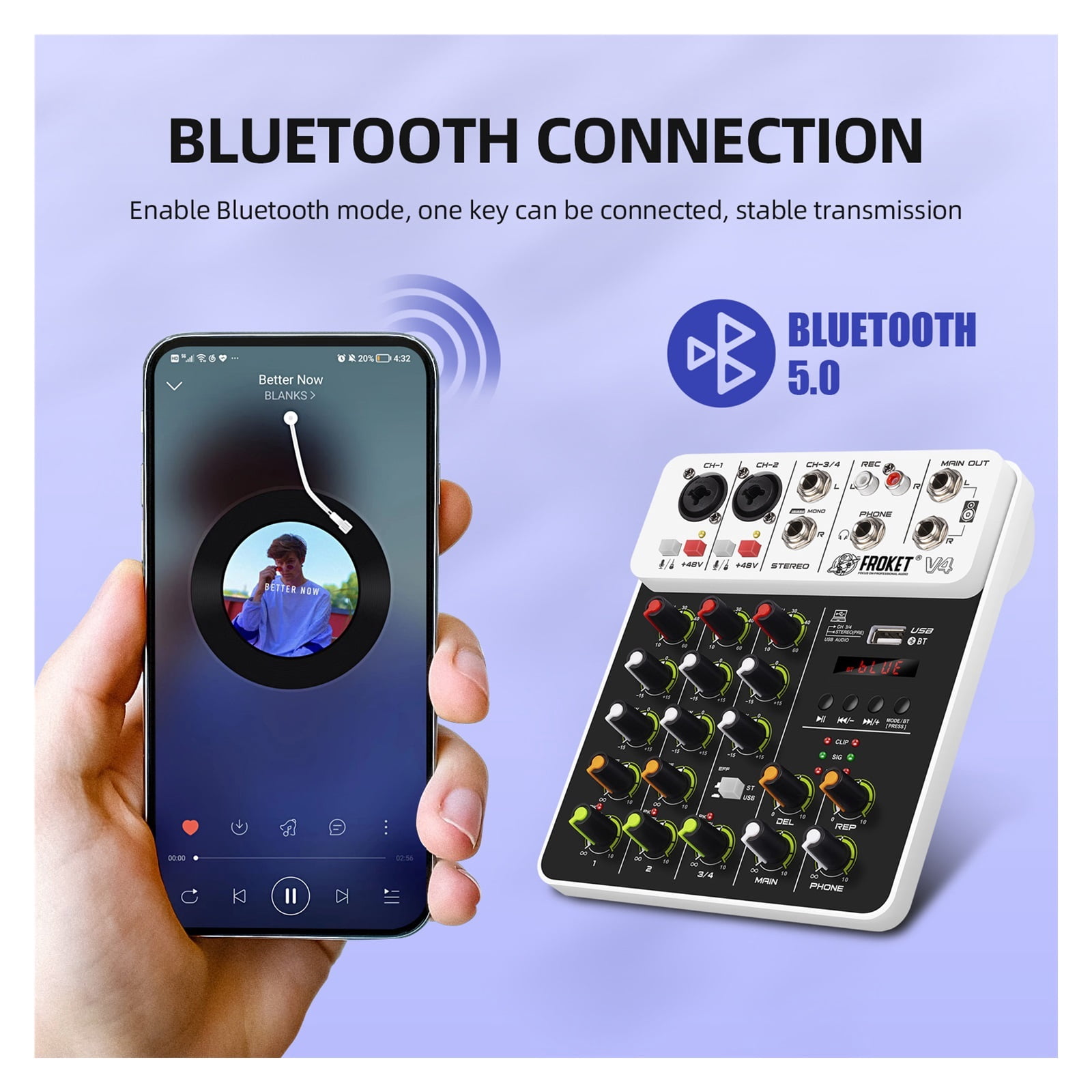 V4 Mixer DJ Controller Mixing Bluetooth Phantom Power Delay Repaeat Effect For Sound Mixing Console PC Recording ,Easy to Operate