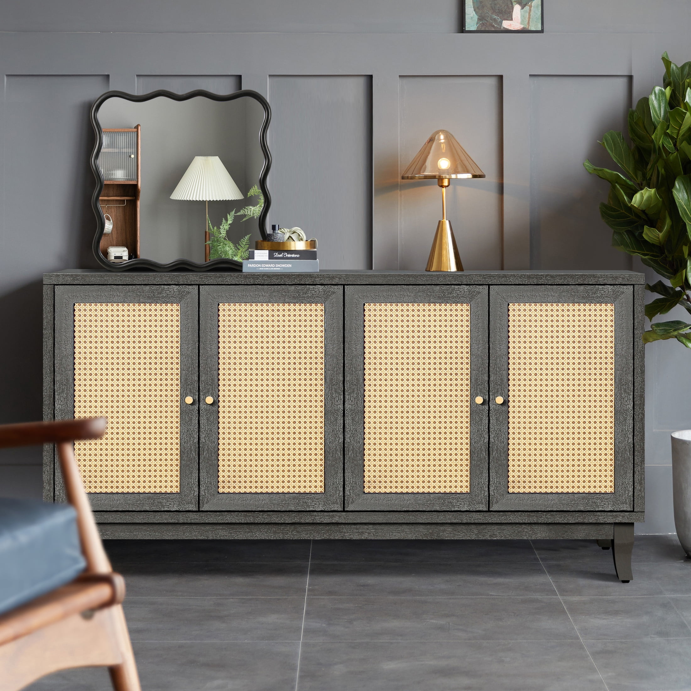 Noble House Handcrafted Rattan Sideboard Buffet Cabinet with 4 Doors and Adjustable Shelves, Modern Accent Storage Console,Antique Dark Grey