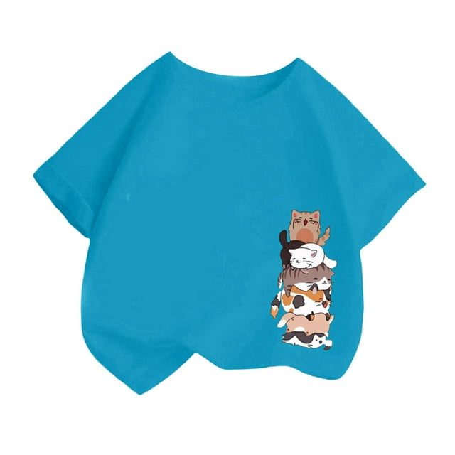 LUOGENLI T-Shirt pour Filles, Mode Mignonne Imprimée, Décontracté, Col Rond, Manches Courtes, T-Shirt d'Été, Hauts de Pâques pour Filles 2025 Bleu Foncé 4-6 Ans