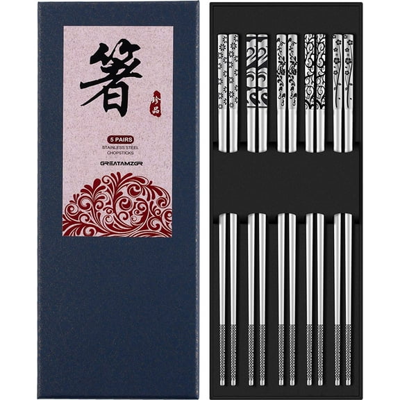 Metal Chopsticks Reusable 18/10 Stainless Steel Chopsticks Multipack Dishwasher Safe Chop Sticks Square Fancy Laser Engraved Non-slip Korean Chopstick for Cooking Eating 9.45 Inches 5 Pairs Gift Set