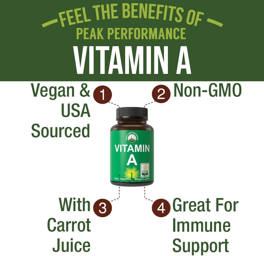 Raw Whole Food Vitamin A Capsules Supplement by Peak Performance. High Potency Vitamins with Organic Carrot Juice. Great for Immune, Skin, Eye Support. Vegan Pills, Tablets