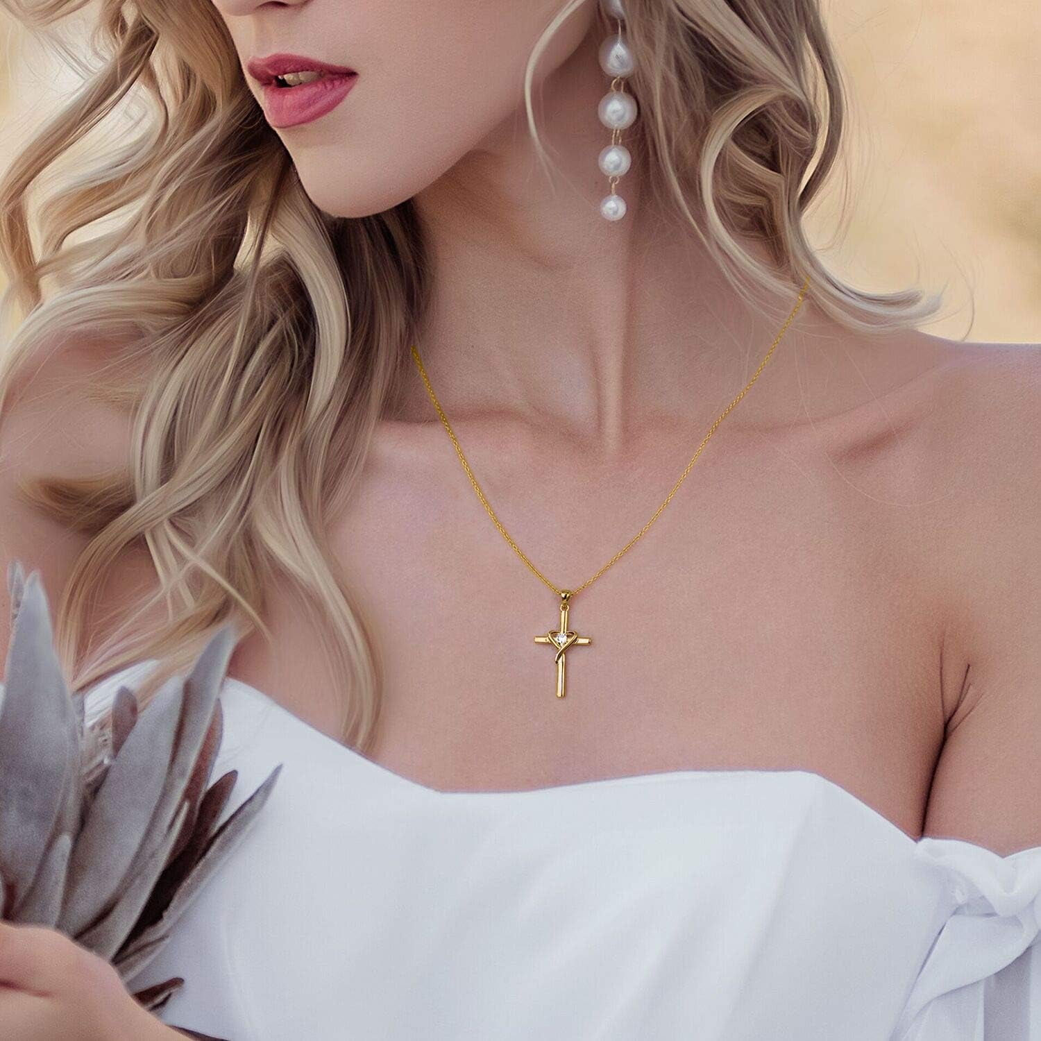 Leander 925 Sterling Silver Cross Necklace for Women Men 5A CZ Birthstone Necklaces 14K Gold Plated or Rose Gold Necklace for Easter or Mother's Day