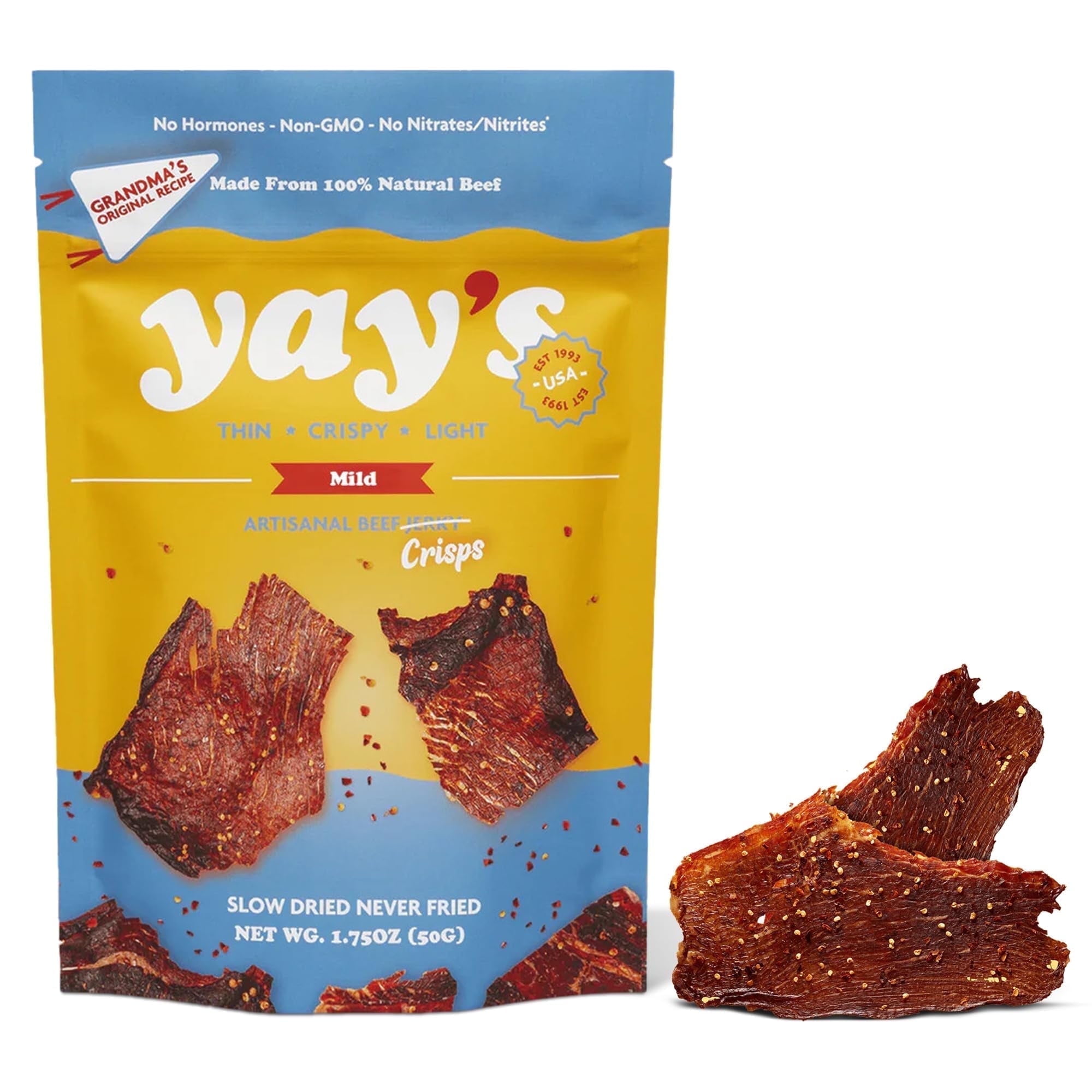 Yay's Snacks Sweet and Spicy Beef Crisps | High-Protein Ready-to-Eat Crispy Crunchy Chipped beef | Mild Beef Jerky with 24g Protein per Bag, Non-GMO Healthy Meat Snack, Made in USA pack of 1(1.75 oz)