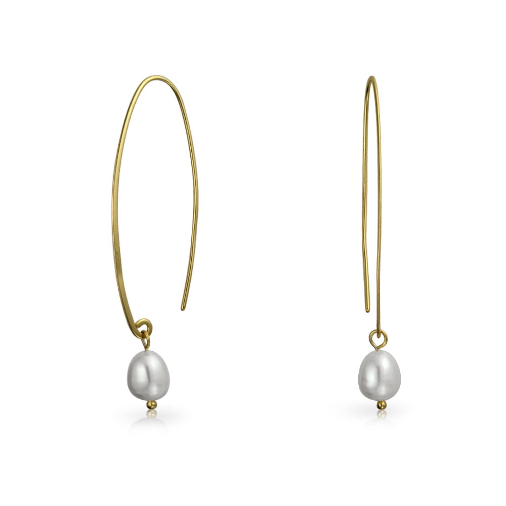 925 Sterling Silver Thread Threader Earrings Bar Chain White Freshwater Pearls