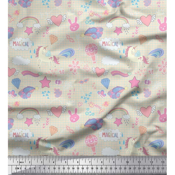 Soimoi White Cotton Duck Fabric Heart & Unicorn Kids Print Fabric by the Yard 56 Inch Wide