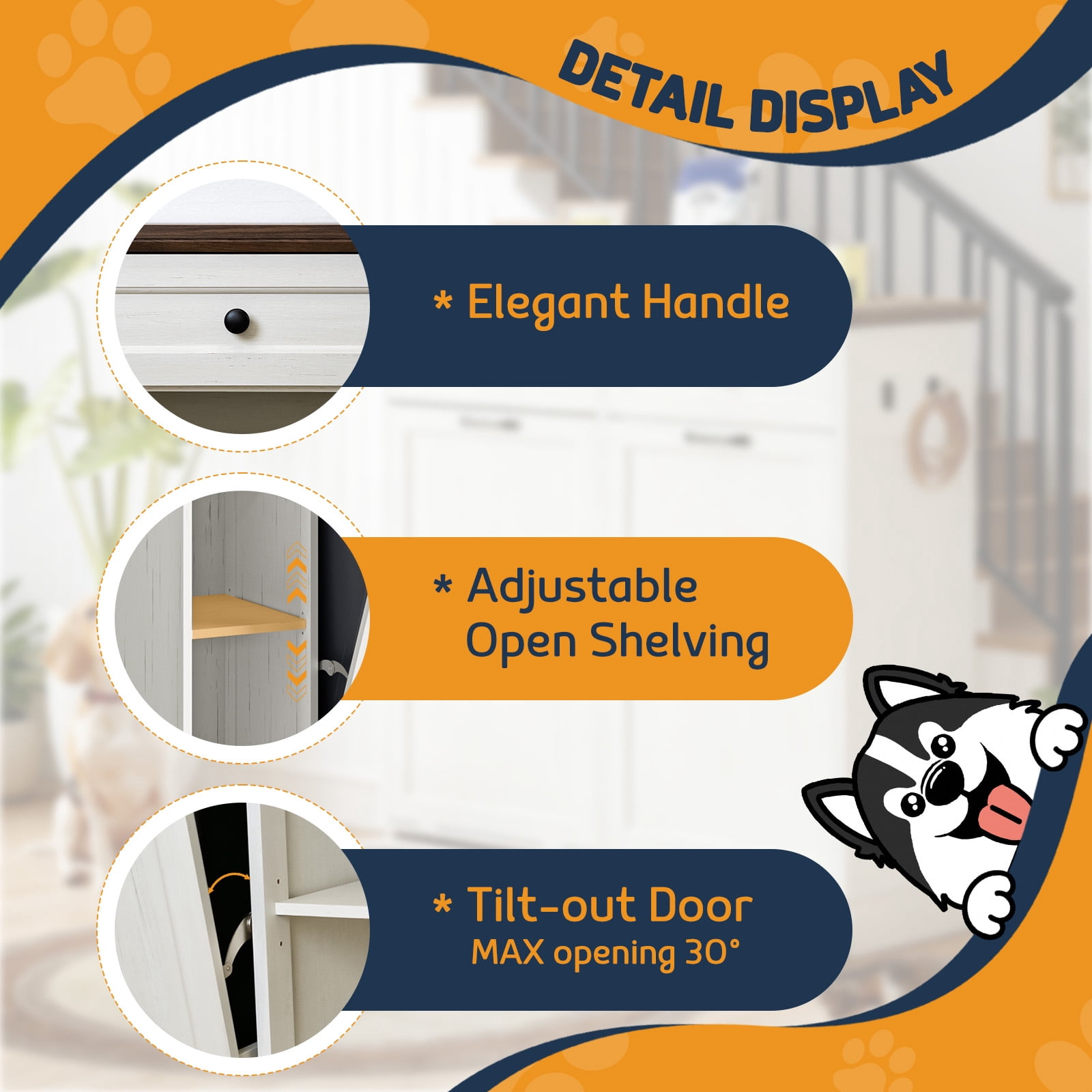 Double Tilt Out Trash Can Cabinet with Dog Bowl, 10 Gallons Dog Food Storage Cabinet, Hidden Trash Can Cabinet with Hideaway Drawer for Kitchen, Living Room (White, Double Door)