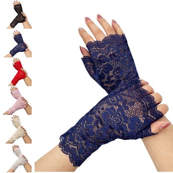 Bmisegm Lace Gloves Fingerless Floral Lace Pattern with Touchscreen for Women Outdoor Sun Gloves Navy One Size