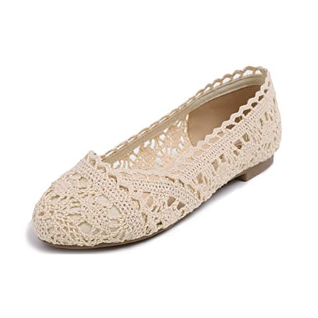 

Feversole Round Toe Lace Ballet Crochet Flats Women s Comfy Breathable Shoes Beige Knit Crochet Size 7 US