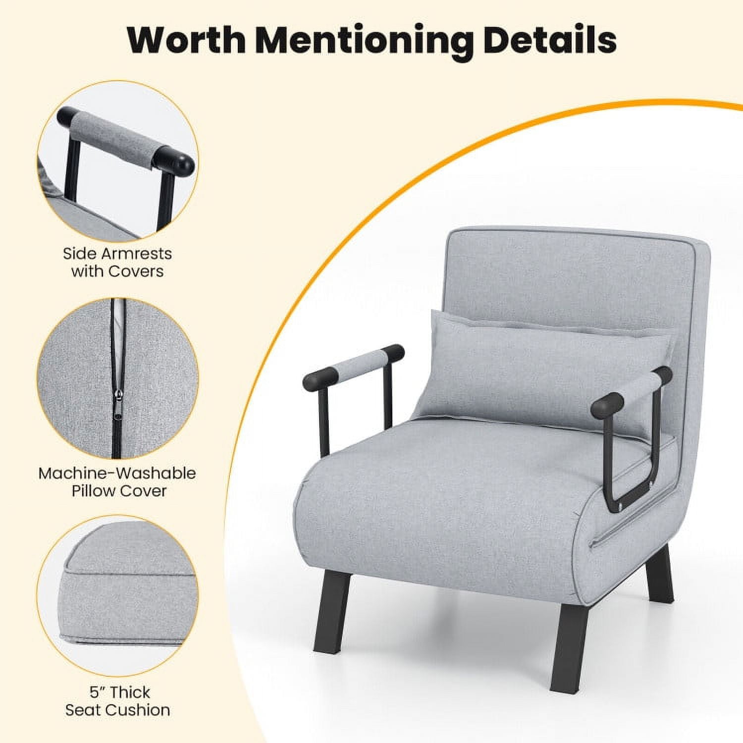 Folding Chair Bed, Folding 6 Position Convertible Sleeper Bed Armchair Lounge Couch with Pillow, Cozy Futon Chair for Small Spaces, Office, Light Gray Folding Chair Bed, Folding 6 Position Convertible Sleeper Bed Armchair Lounge Couch with Pillow, Cozy Futon Chair for Small Spaces, Office, Light Gray