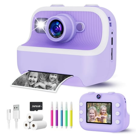 Kids Camera Instant Print Toys for Girls Age 5-12, 1080P Instant Camera for Kids with Dual Camera Print Selfie Photos, Christmas Birthday Gifts for Girls -32GB Purple