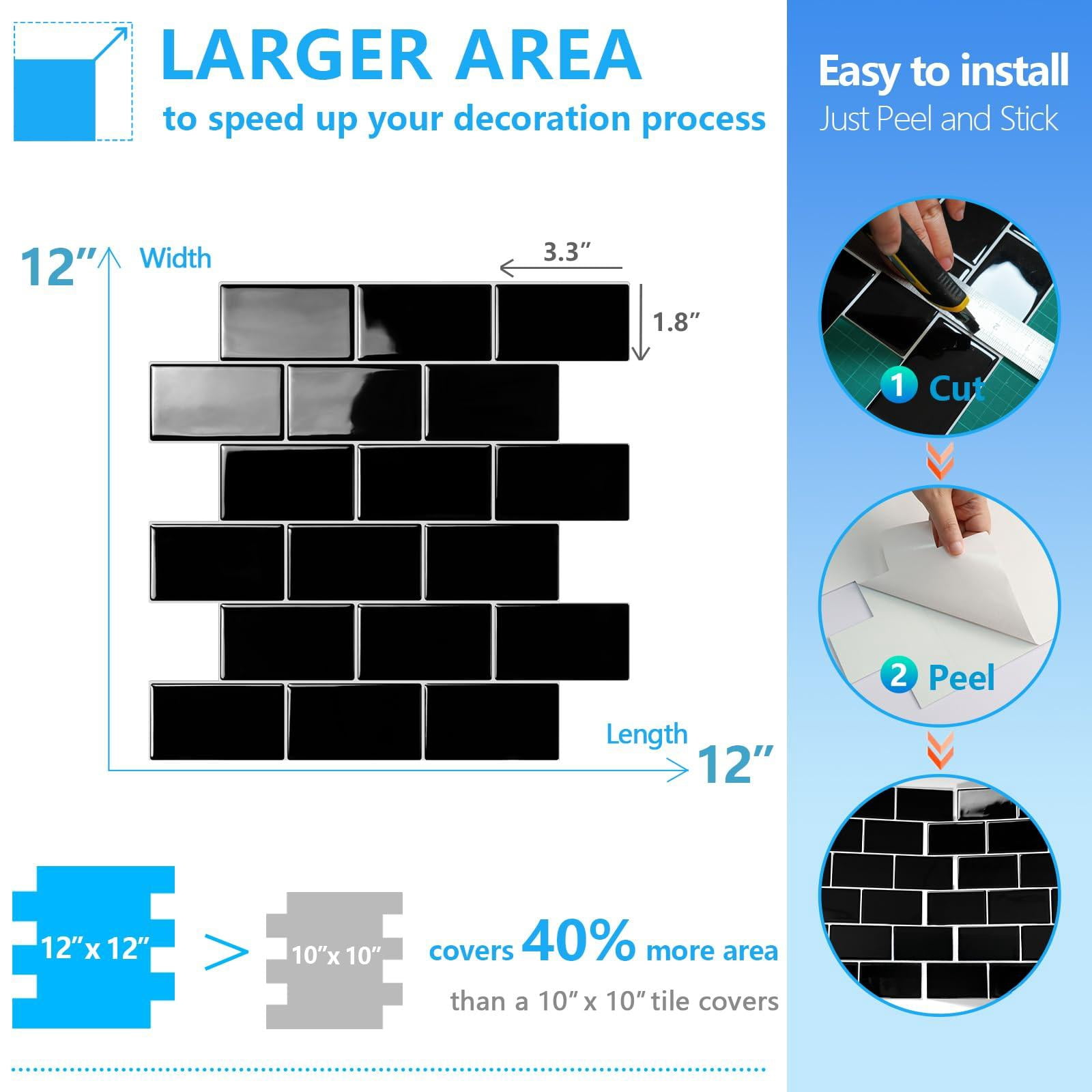 Subway Tiles Peel And Stick Backsplash  On Kitchen In Black (pack Of 10 Thicker Design)
