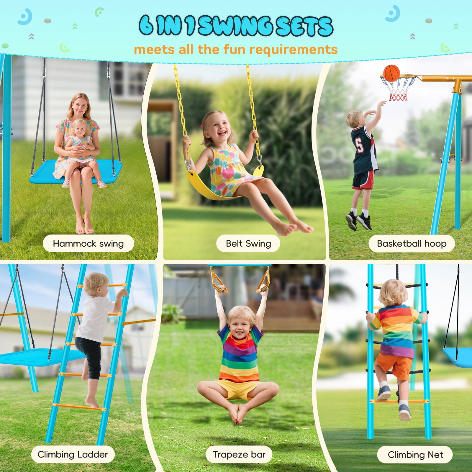 Swing Sets for Outdoor, 6 in 1 Heavy-Duty Metal Swing Sets, Kids Swing Sets for Backyard with 2 Swings,Trapeze Bar and Basketball Hoop for Aged 3-12