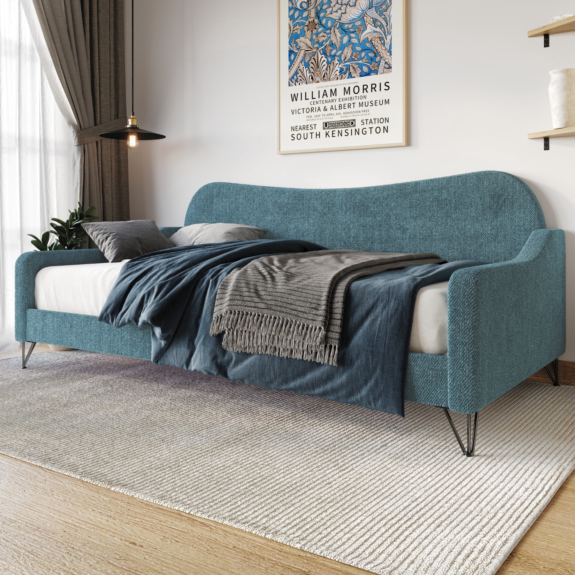 Home Design Natty Twin Daybed with Upholstered Frame, Elegant Backrest and Arms, Black Metal Legs, Stylish Seating and Sleeping Solution, Teal