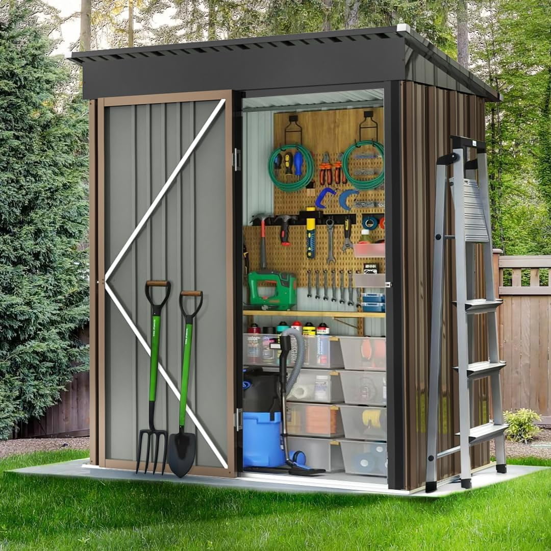 PUKAMI Outdoor Storage Shed with Floor, 5x3 FT Utility Tool Shed Storage House with Lockable Door, Steel Anti-Corrosion Garden Shed Outdoor Metal Shed for Garden Backyard Patio Lawn