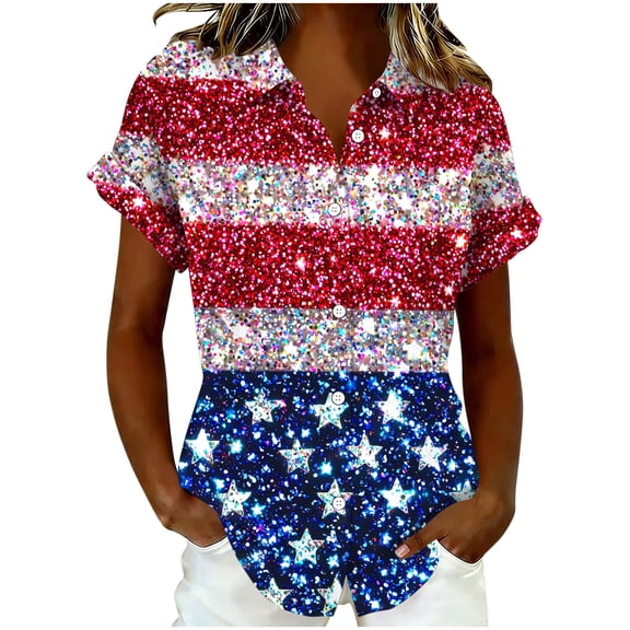 Hxshgdsn July 4th for Womens American Flag Stars Print Button Down Short Sleeve Casual Shirt Loose Fit(Navy/S)