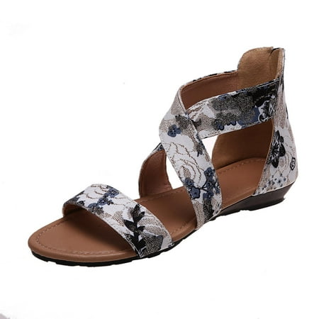 

Women s Strappy Sandals Cross Bands Open Toe Printed Flats Back Zipper Comfortable Summer Casual Slides Beach Sandal
