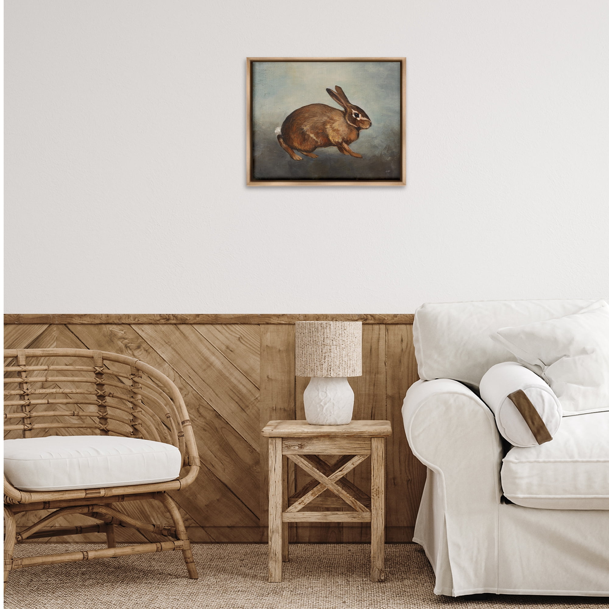 Stupell Industries Brown Rabbit on Grey Animals & Insects Painting Brown Floater Framed Canvas Art Print Wall Art, 21 x 17