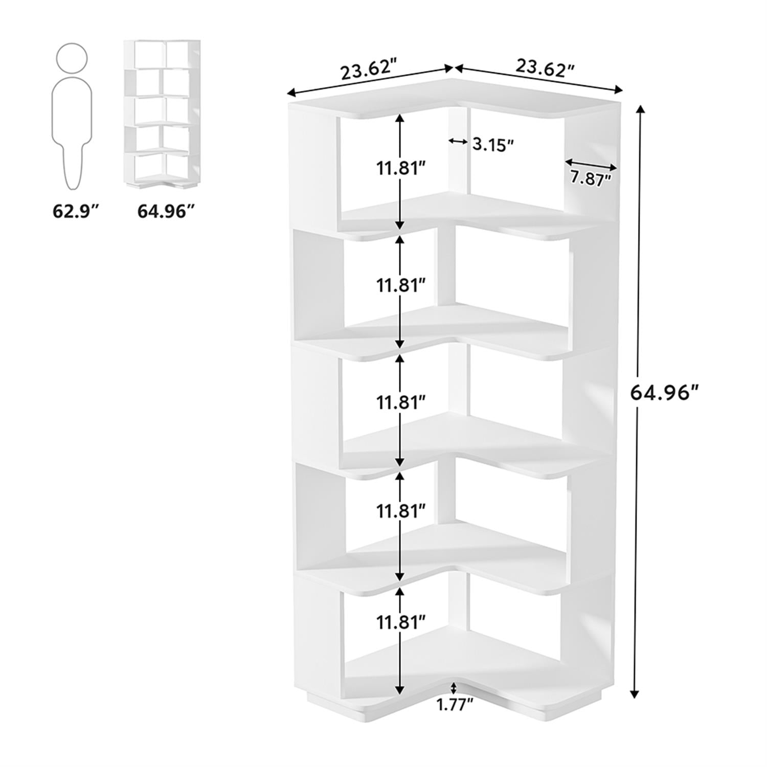 Demi Bonn 6 Tier Bookshelf with Anti-Drop Panel, Corner Bookcase Storage Organizer, 64" Tall Display Standing Shelf Unit for Bedroom, Living Room, White