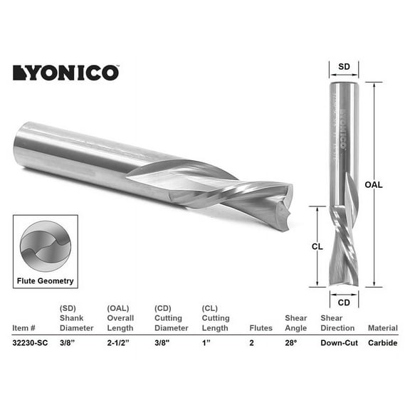 Yonico CNC Router Bit Down Cut Solid Carbide End Mill 3/8" X 1" - 32230-SC
