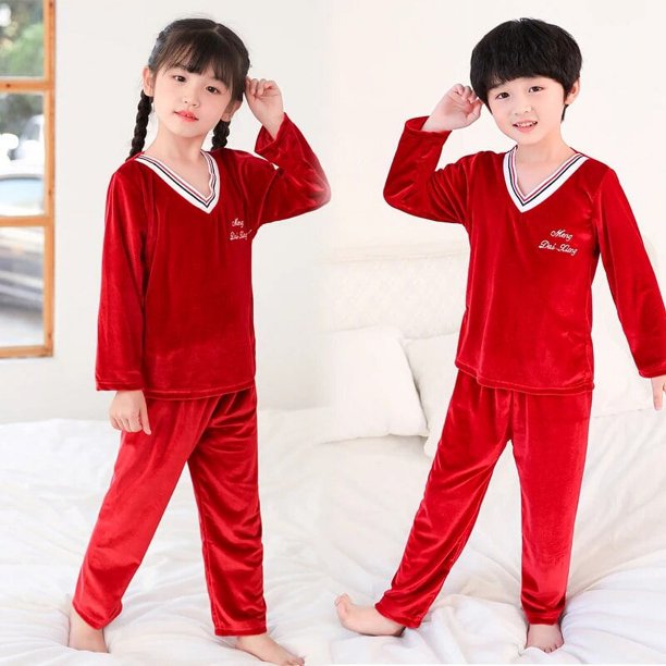 Conjunto de pijamas de terciopelo Coral de Navidad para niños de Año Nuevo, pijamas para niñas, ropa de dormir de manga larga de franela cálida para invierno, ropa de casa para niños