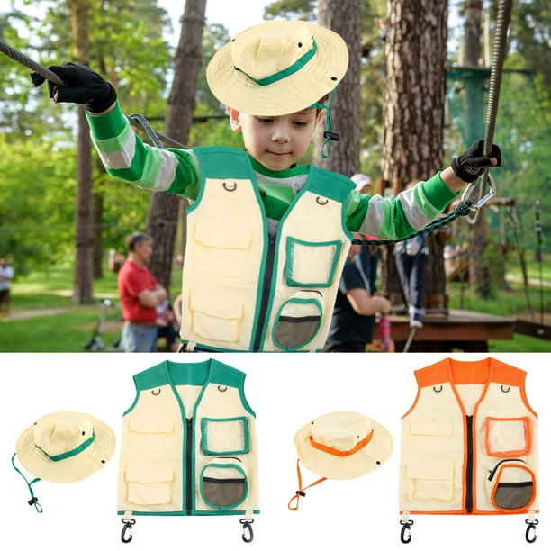 Fiudx Conjunto de Chaleco de Explorador, Disfraz de Aventura Al Aire Libre, Incluye Sombrero y Chaleco, Ideal para Explorar La Naturaleza, Divertido para Niños de 3 Años En Adelante, Lavable a Máquin
