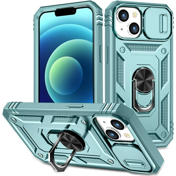 Case for iPhone 14, Camera Cover Phone Case with Rotation Ring Stand for Apple iPhone 14 - Green