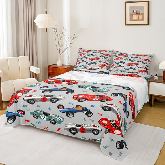 jejeloiu Colorful Racing Car Twin Sheet Sets,Extreme Sport Theme Twin Fitted Sheet,Red Blue Gray Flat Sheet For Boys Kids,Luxury Bedroom Decor,3-Piece