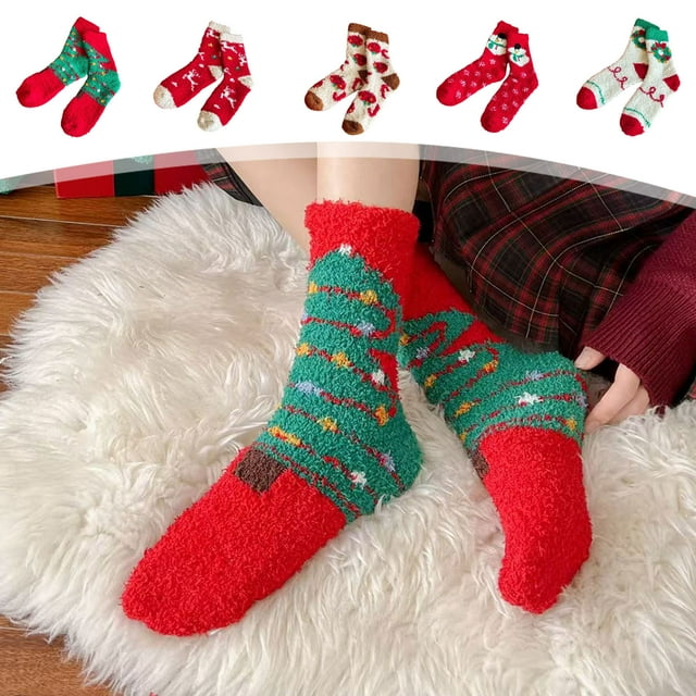 Calcetines de forro polar navideño para mujer - Dos paquetes de calcetines de suelo calentito para invierno con patrones festivos, diseño que no suelta la pelota a mitad de la pantorrilla