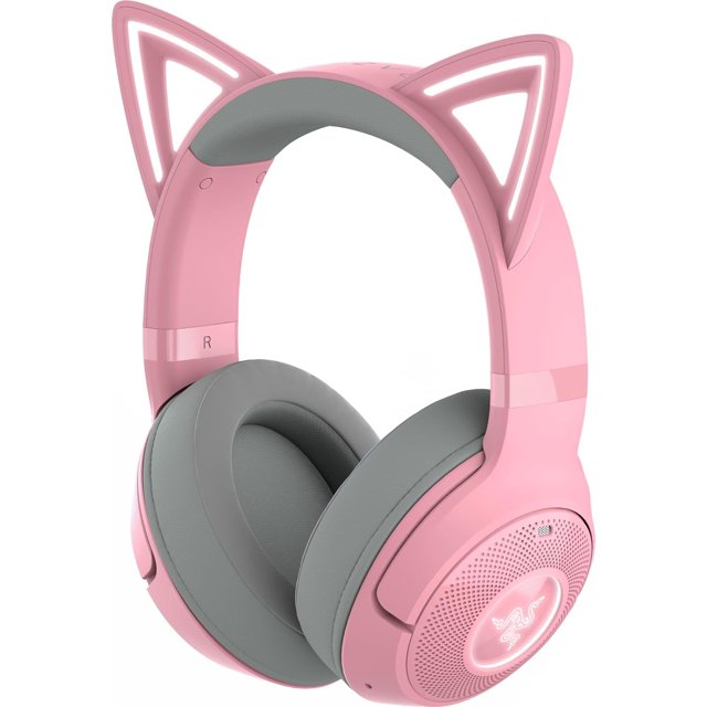 Remis à Neuf Razer RZ04-04860100-R3U1 Kraken Kitty Edition V2 Casque de Jeu avec Microphone en Rose. Ce Casque Bluetooth Sans Fil Présente des accents Oreilles de Chat avec Éclairage Razer Chroma RVB, des Oreillettes Coussinées par-Dessus l'Oreille et un Microphone Intégré. Conçu pour le Jeu et le Diffusion en Continu, Il Allie style et Fonctionnalité.