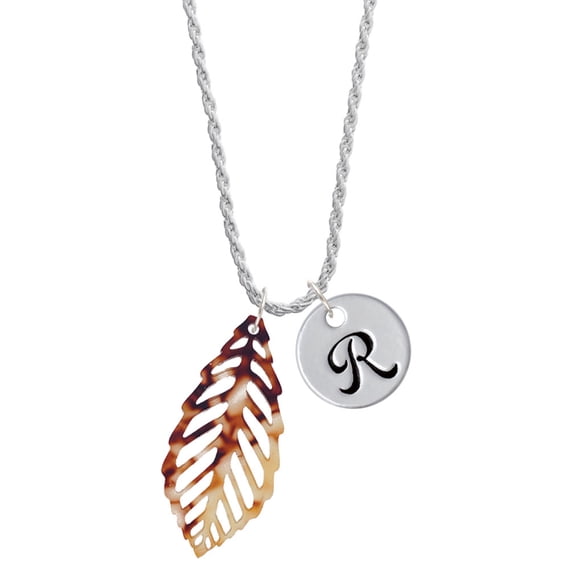 Delight Jewelry Acrylic Large Leaf Mixed Brown and Yellow Silvertone Script Initial Disc - R - Charm Necklace, 20"+3"