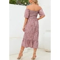 thumbnail image 4 of Floral Shirred Short Sleeve Dress Below for Women Knee Length Pink Medium, 4 of 4