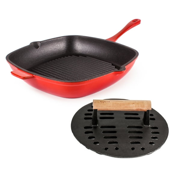BergHOFF Neo 2pc Cast Iron 11" Grill Pan with Slotted Steak Press, Red