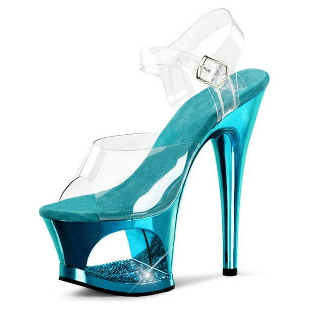 Pleaser - Bright Turquoise High Heels with Rhinestone Cutout Platform and 7 Inch Stiletto