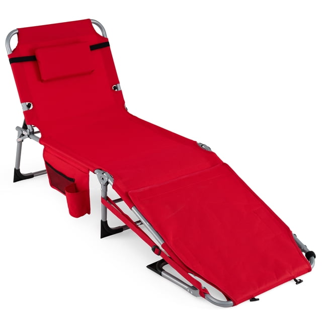 Gymax Tanning Chair w/ Face Arm Holes 4-Level Backrest & Head Pillow Side Pocket Red
