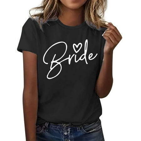 MIXUE Boho Tops For Women Summer Bride Letter Print Round Neck Short Sleeve Fashion Casual Pullover Shirts For Women T Shirts Daily-Wear Black XXXL