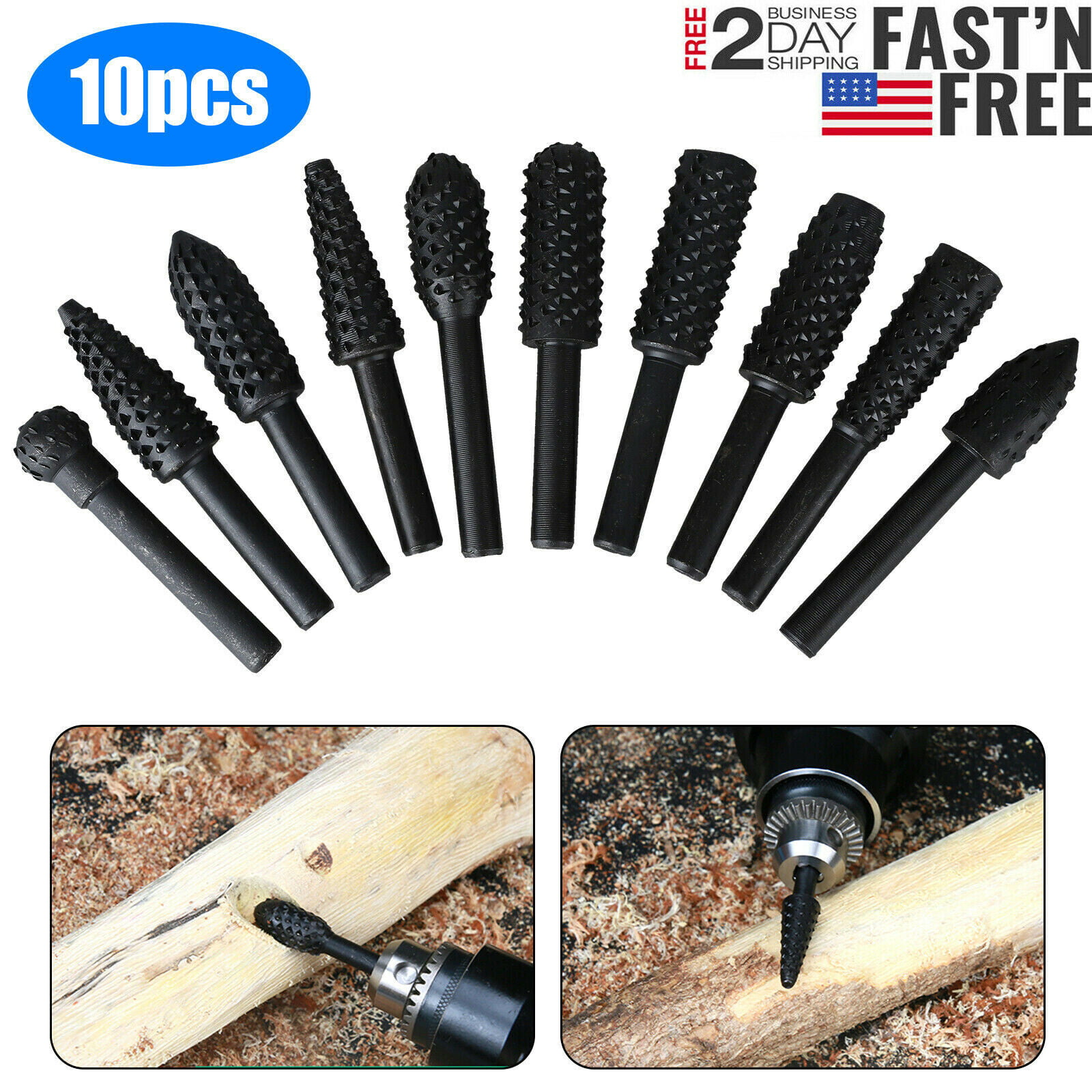 10x Wood Milling Cutter Tool Carving Rasp Rotary File Burrs Bit Woodworking Set 