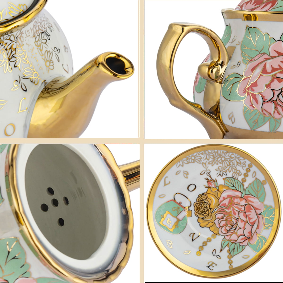 20 Pcs Tea Set,Ceramics Tea Cup Set for Adult, Coffee Cups with Metal Holder, Gold(ANJORALA )