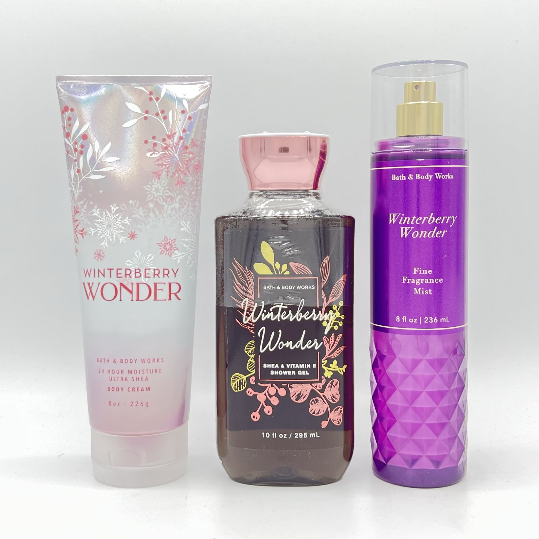 Bath and Body Works Frosted Snow Blossom Shower Gel, Fine Fragrance Mist and Body Lotion 3-Piece Bundle, Purple