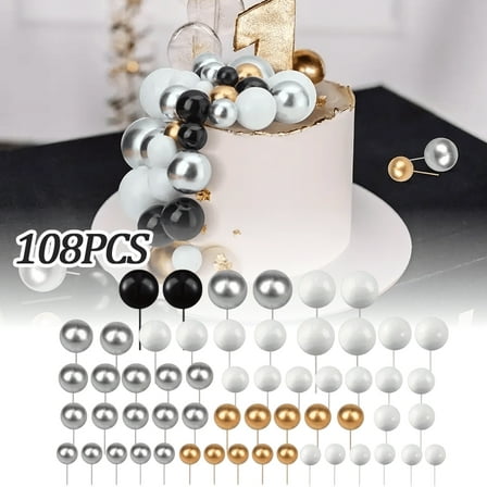 108Pcs Balls Cake Topper Decorations Foam Balloons Cake Decorations Mini Balloons Cake Toppers Balls Cake Picks for Baby Shower Wedding Anniversary Birthday Party Decorations White Black Silver Gold