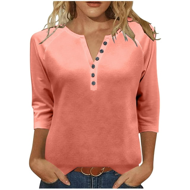 Chbgutlmr 3/4 Length Sleeve Womens Tops Notched V Neck Button Dressy Casual Solid Color Raglan Blouses