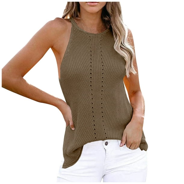 ZXHACSJ Women's Fashion Summer New Solid Color Sleeveless Loose Hanging  Neck Tank Tops Khaki S