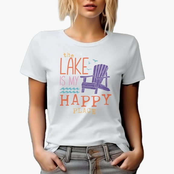 The Lake Is My Happy Place Art Merch Gift, White T-Shirt, Small