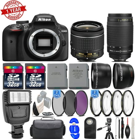 Nikon D3400 24.2MP DSLR Camera + 18-55mm VR Lens + Nikon 70-300mm Lens- 64GB Kit