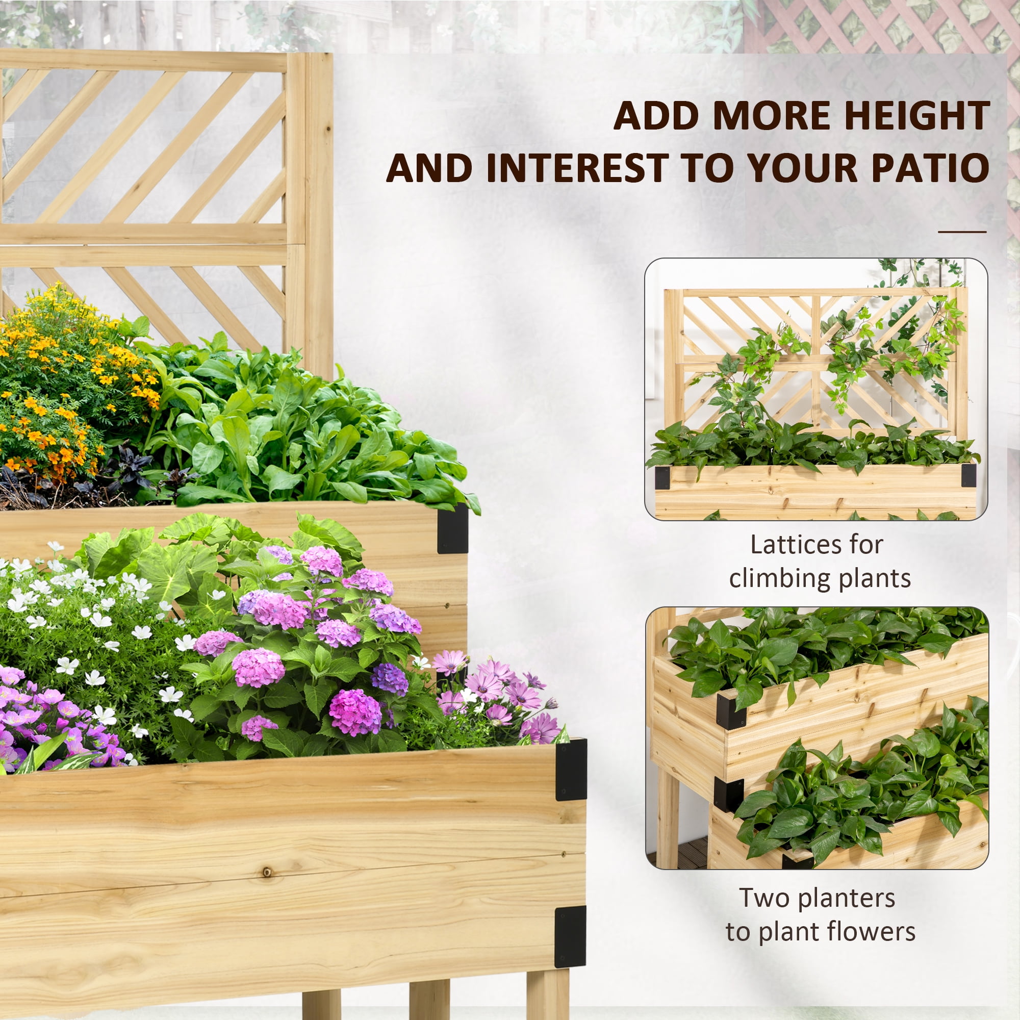 Raised Garden Bed with Trellis, 2 Tier Wooden Elevated Planter Box with Legs and Metal Corners for Vegetables, Flowers, Herbs, Natural