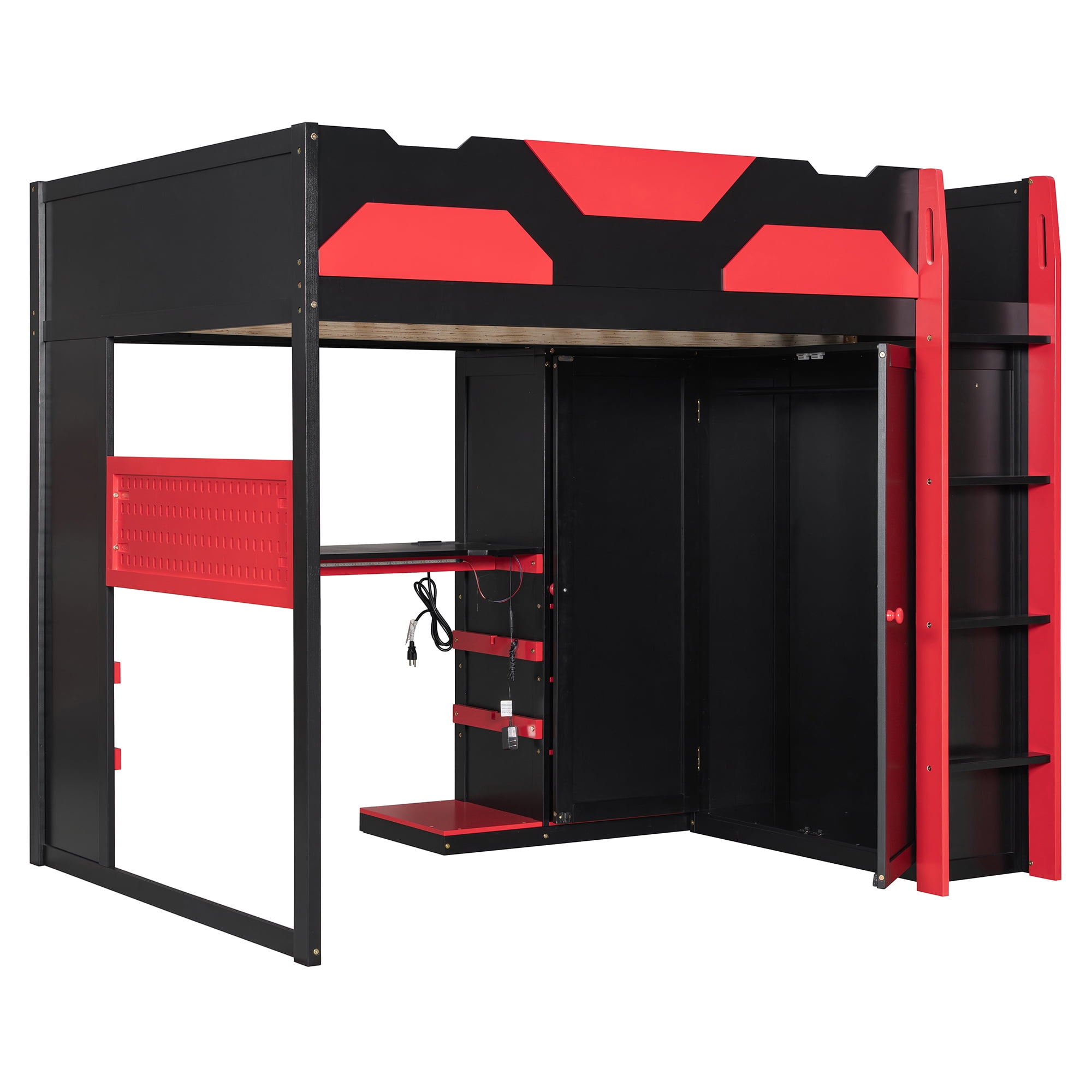Mintazer Full Gaming Loft Bed with Adjustable Desk & Wardrobe, Modern Design with RGB Lights & Storage Pegboard, Black & Red