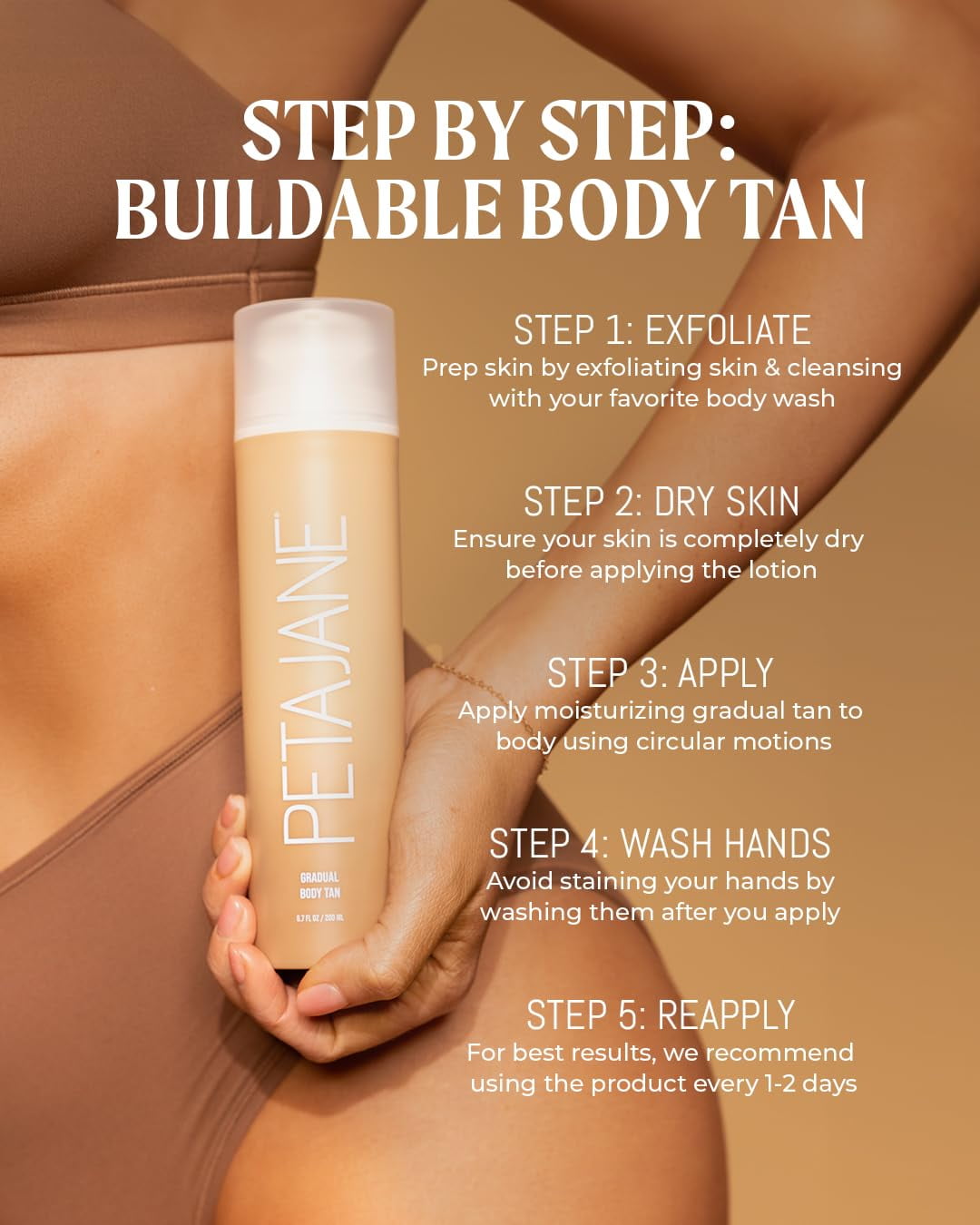 Peta Jane Gradual Tanning Body Lotion, Hydrating Streak-Free Self Tanner, Vegan & Cruelty-Free, 6.7 fl oz