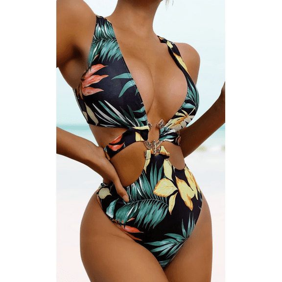 Meloria Swim and Fashion Tropical-Inspired Print Metallic-Ring Connected Padded Strappy Hollow Lace-Up Stylish Sexy Swimsuit