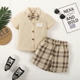 thumbnail image 3 of Kucnuzki 2T Toddler Boy Summer Outfits Shorts Sets 3T Short Sleeve Solid Color Gentle Lapel Shirt Tops Checkboards Prints WalkShorts 2PCS Set Apricot, 3 of 9